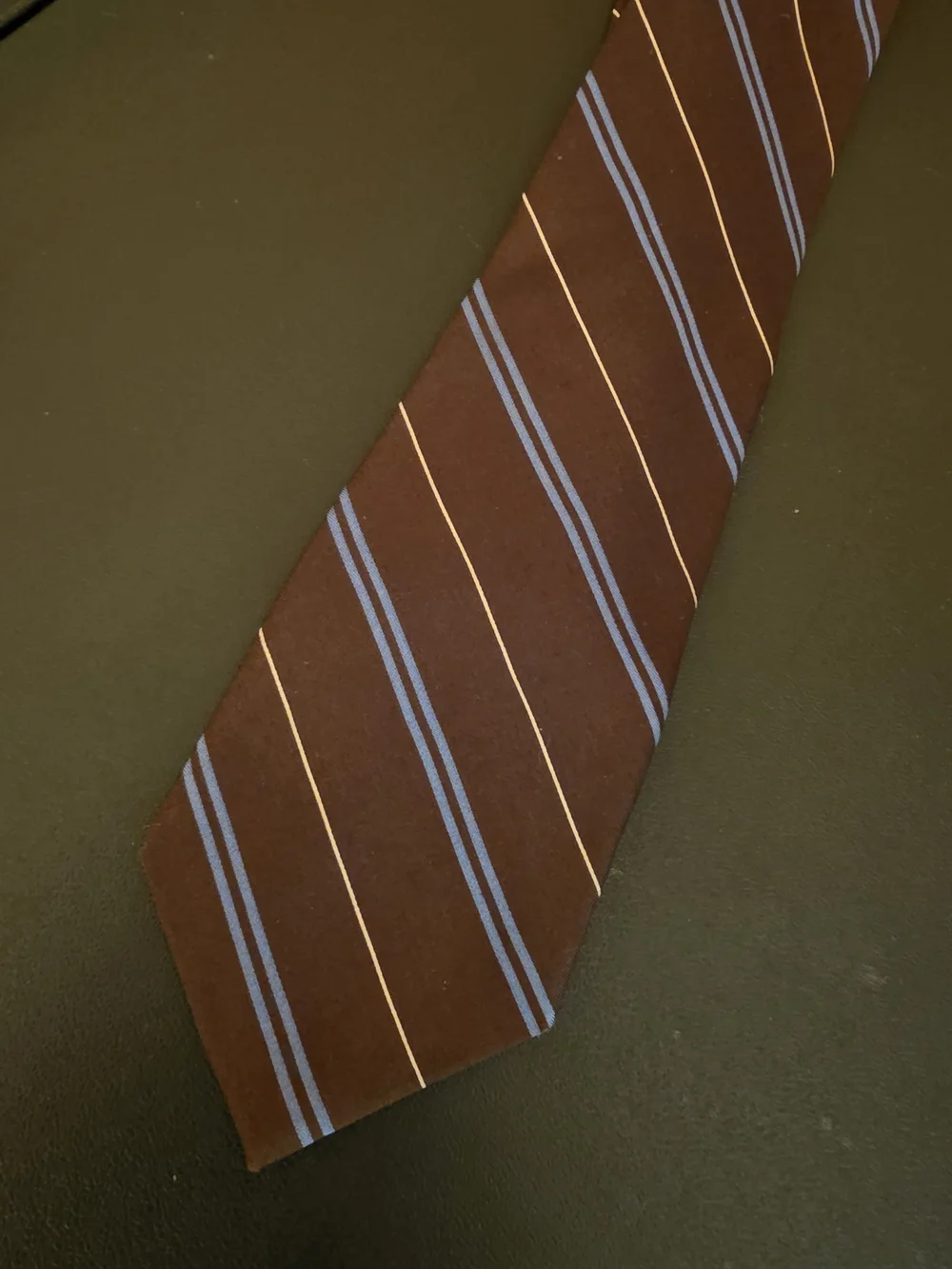 Yves Saint Laurent Brown Tie with Blue and Cream Stripes